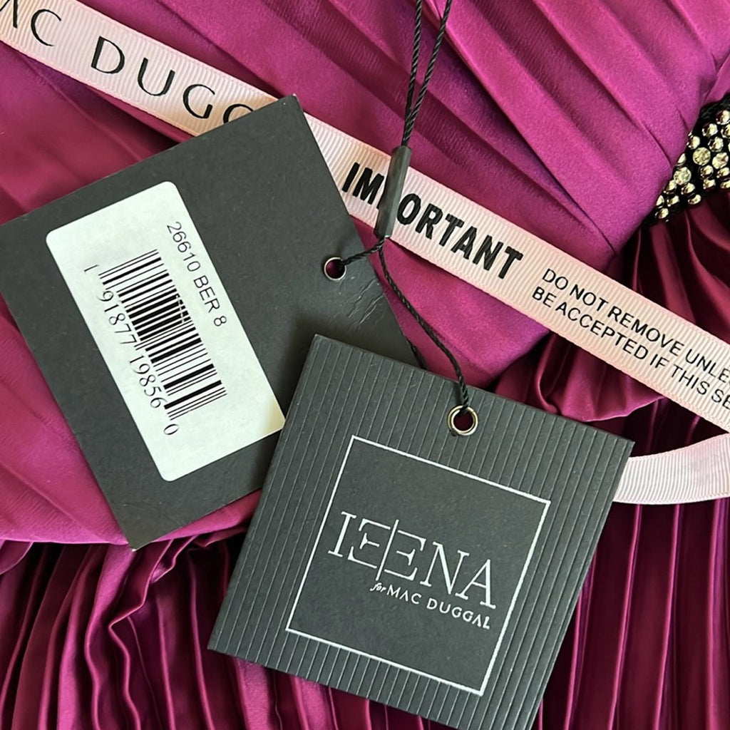 Mac Duggal’s IEENA Belted Pleated Satin Gown in Berry Size 8, New w/Tag