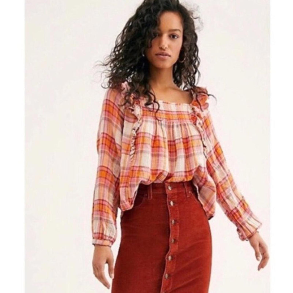 Free People Plaid Ruffle Top Long Sleeve Size L NWT $118.00