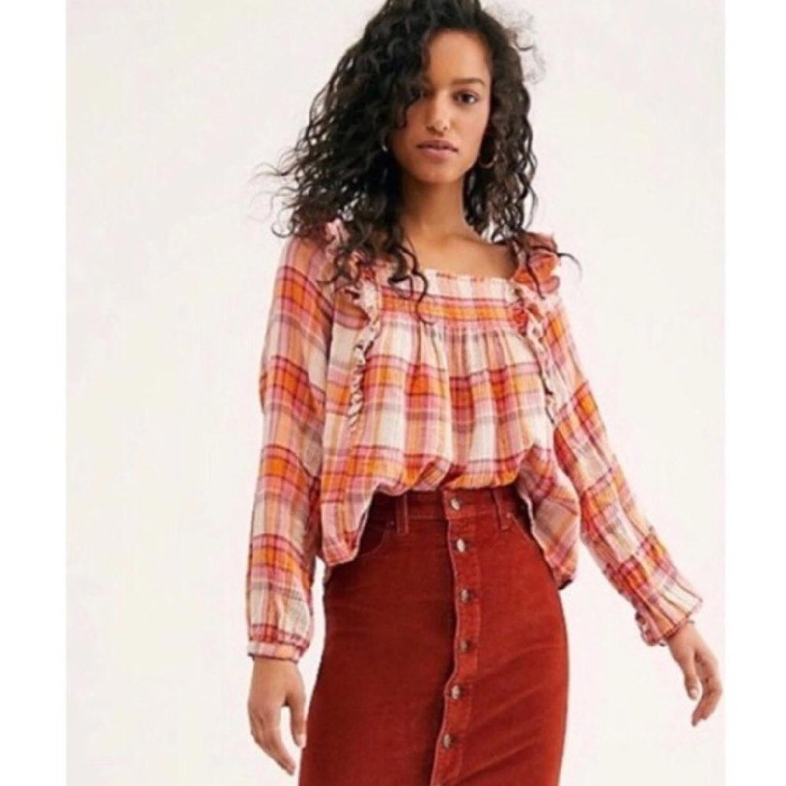 Free People Plaid Ruffle Top Long Sleeve Size L NWT $118.00