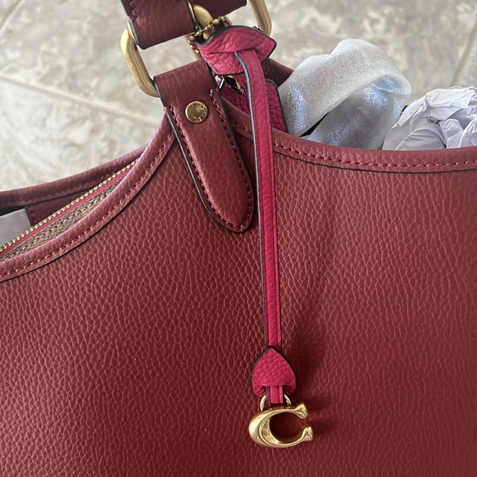 COACH Polished Pebble Leather Restored Day Tote in Brass/Brick Red, New +DustBag