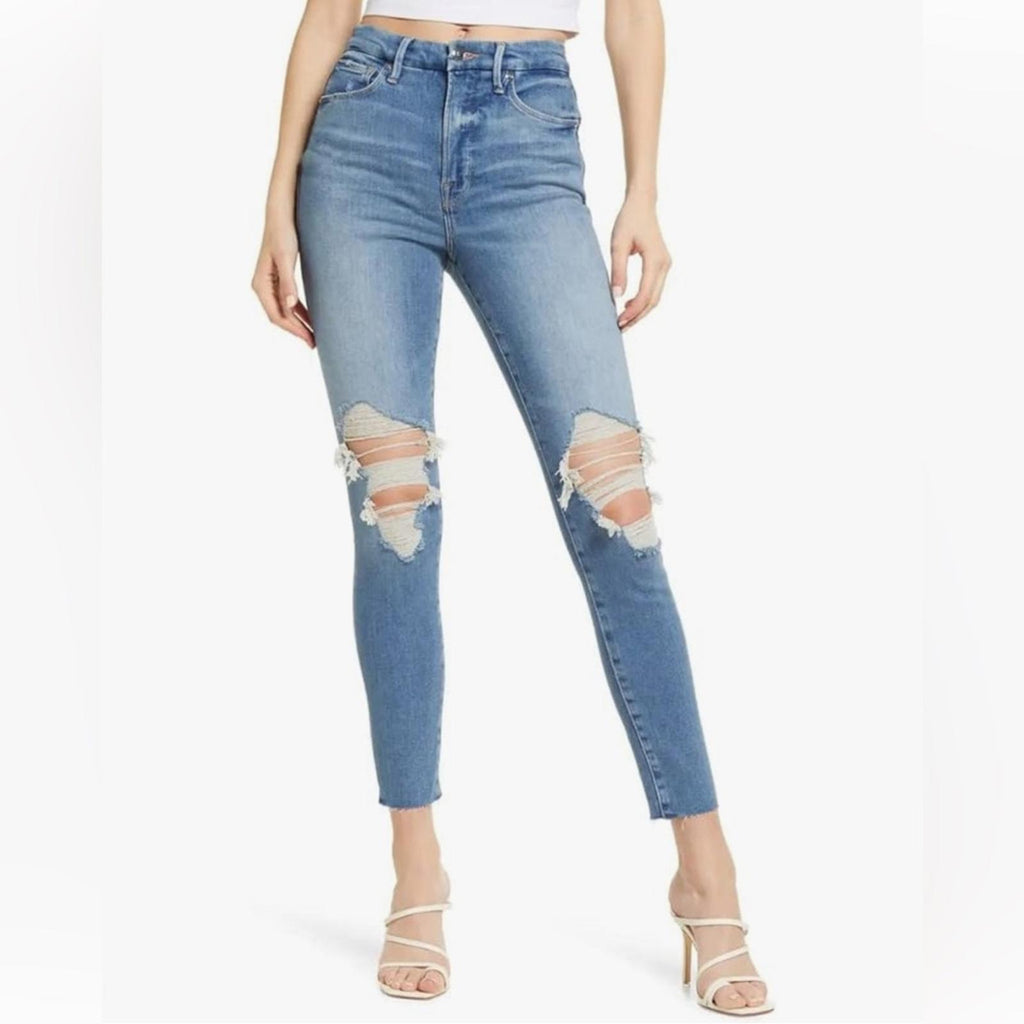 Good American Frayed Hem Distressed Jeans, Indigo Blue,  NWT, Size 16