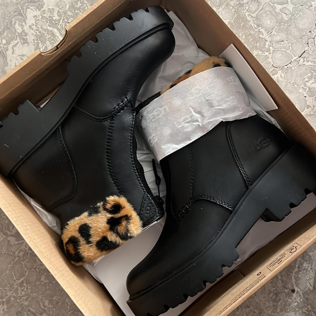 UGG Czeriesa Panther Print Leather Boots in Black, NWT, Size 5