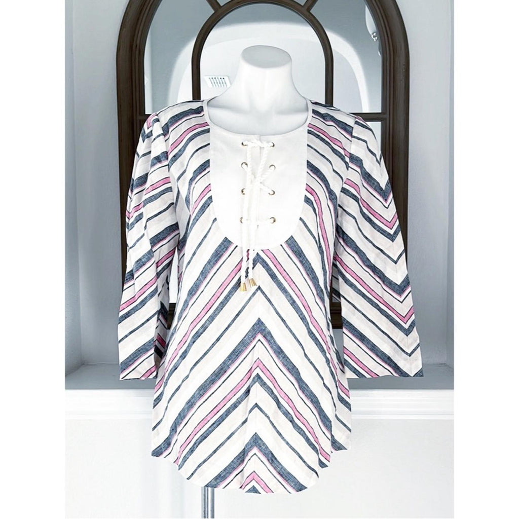 NEW Tory Burch Linen Lace-Up Diagonal Stripe Blouse, Size 12