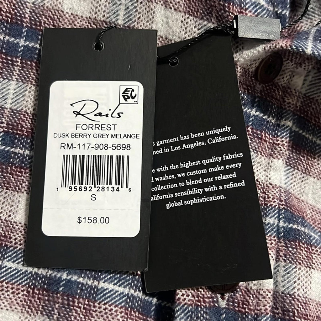 Rails Forrest Plaid Cotton Flannel Button-Up Shirt Dusk Berry Grey, Size S, NEW