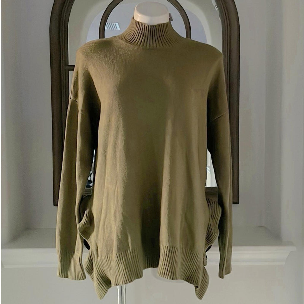 Cupio Ribbed Trim Ruffled Mock Turtleneck Sweater in Olive, Size L New w/Tag