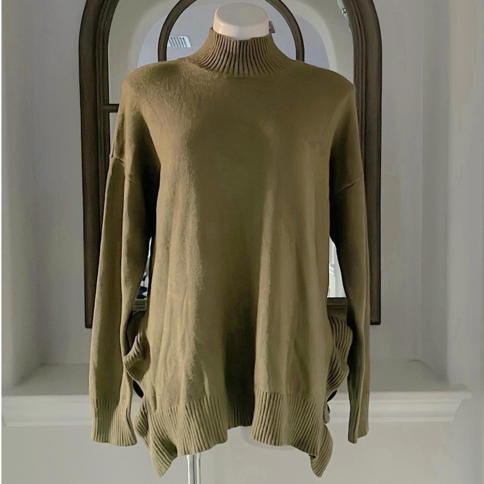 Cupio Ribbed Trim Ruffled Mock Turtleneck Sweater in Olive, Size L New w/Tag