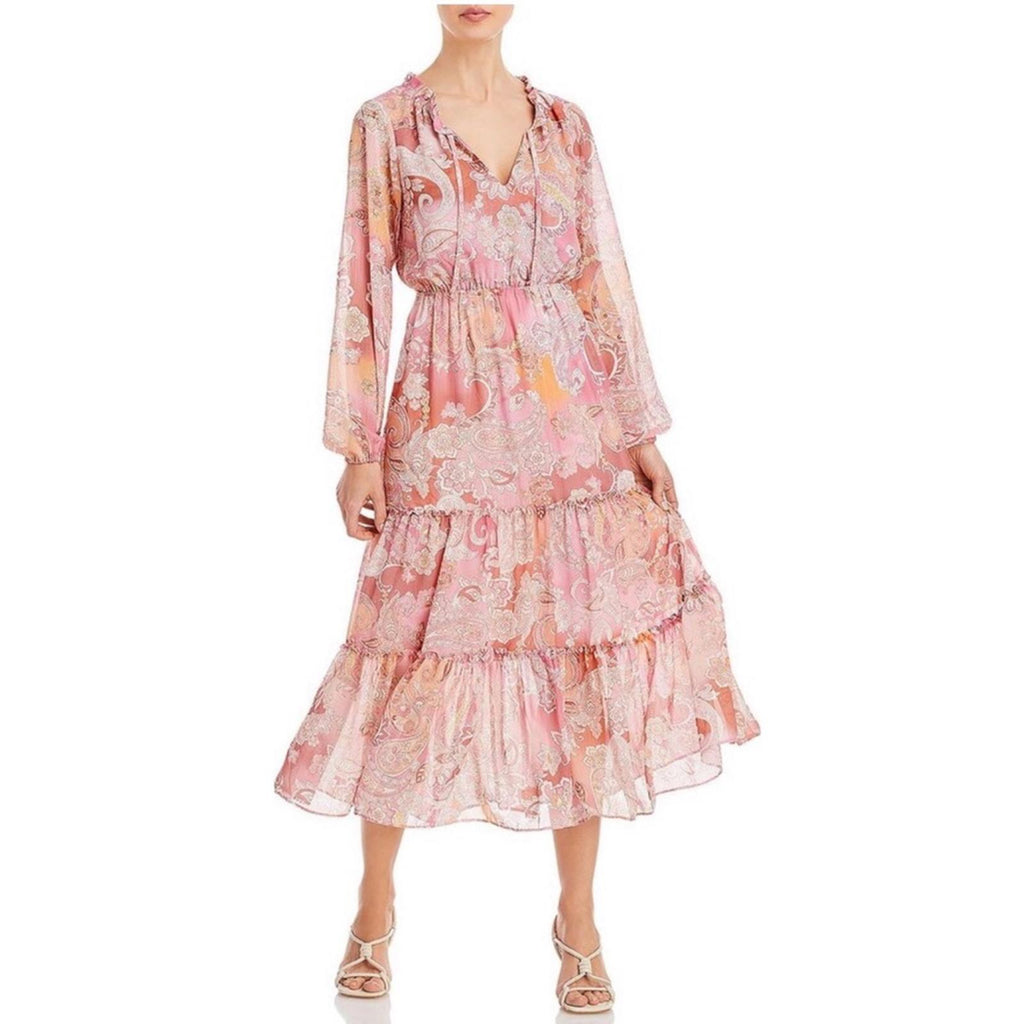 Aqua Chiffon Printed Tiered Maxi Dress, Pink Multi Size S New w/Tag Retail $118