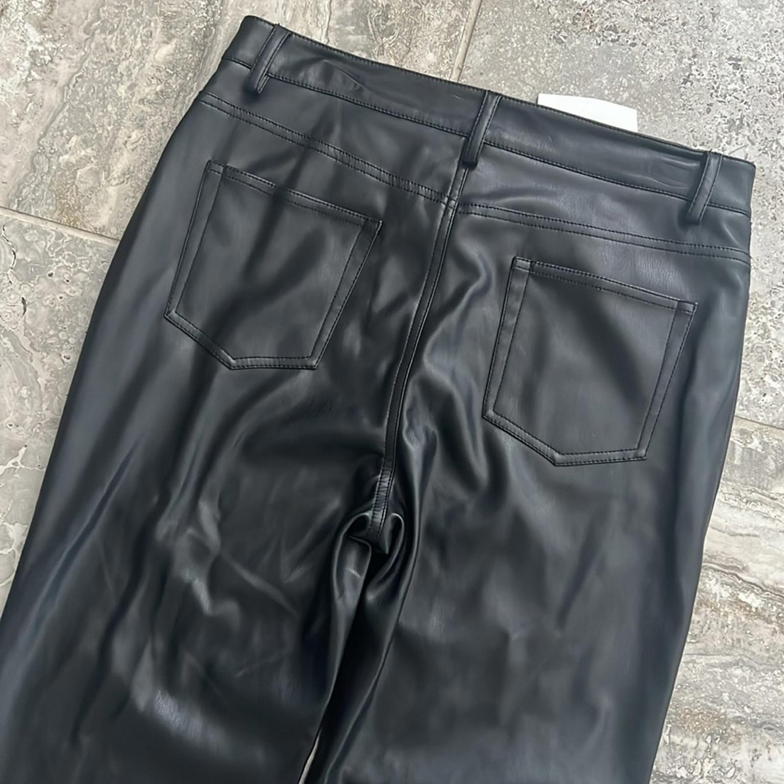Staud Chisel Vegan Leather Straight-Leg Pants, Black High Waist Size 12 NEW $350
