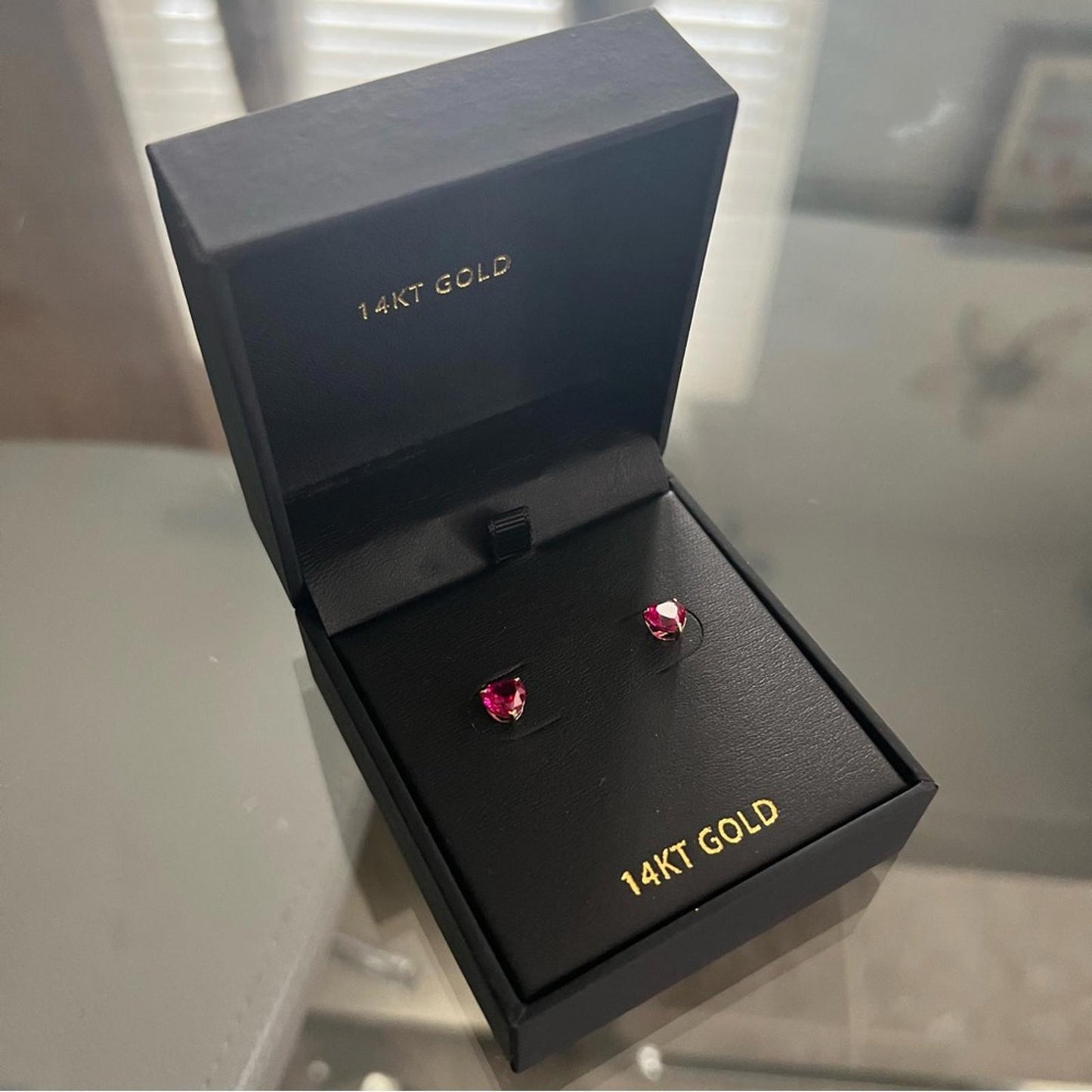 14K Gold Heart-Shaped Fuchsia Pink Stud Earrings New in Box