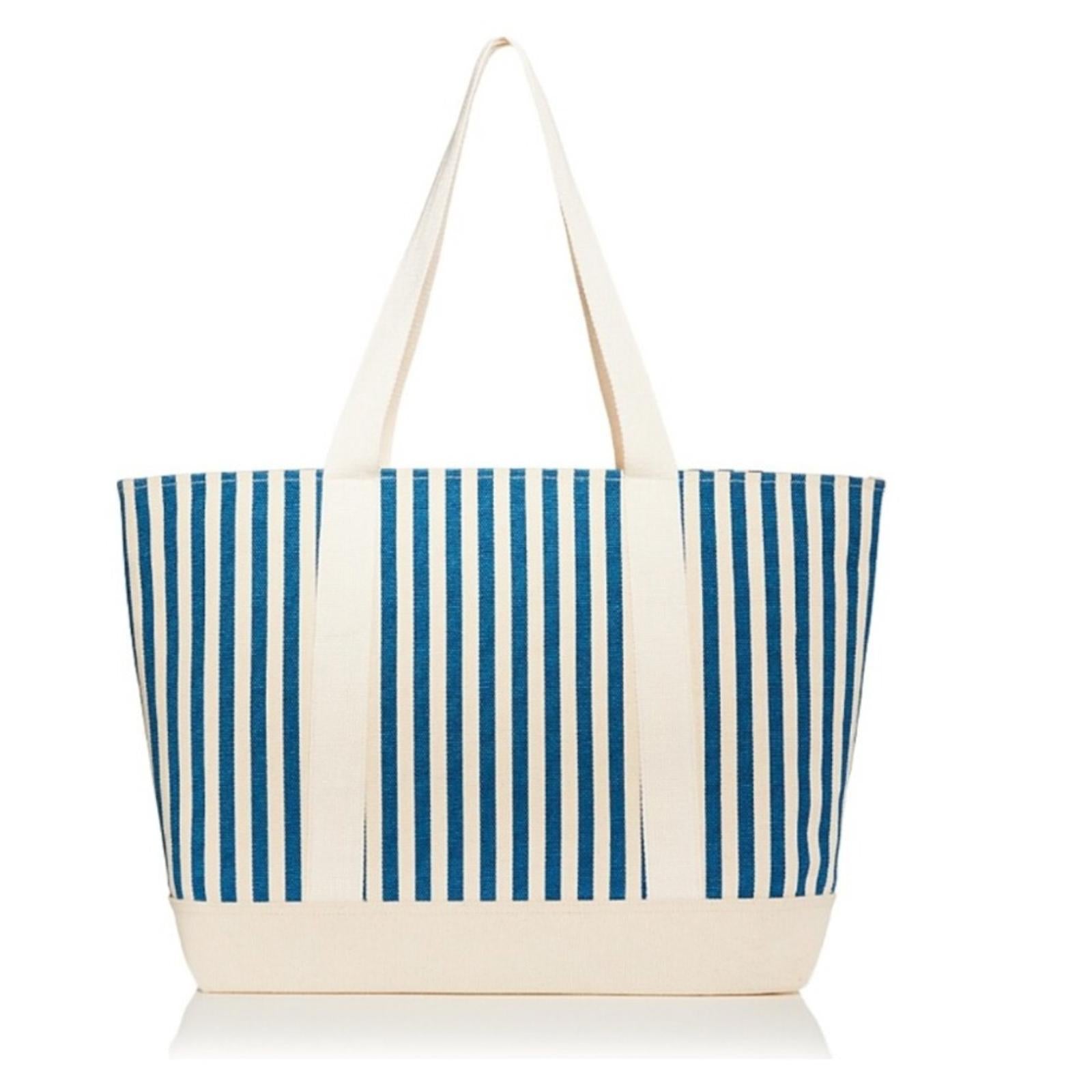 Blue and white striped Aqua canvas tote bag
