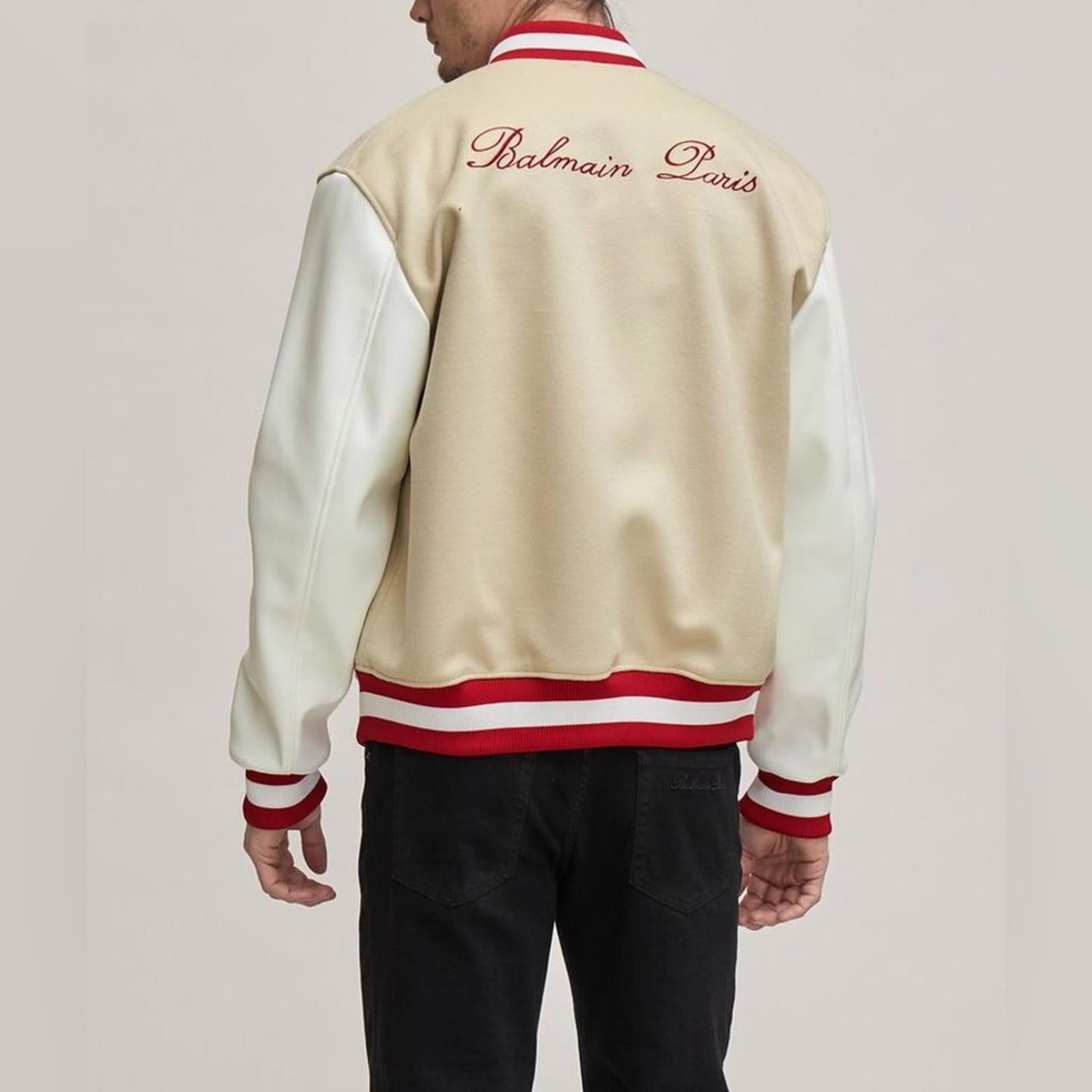 Balmain Embroidered Cursive Logo Letterman Jacket, Size 54