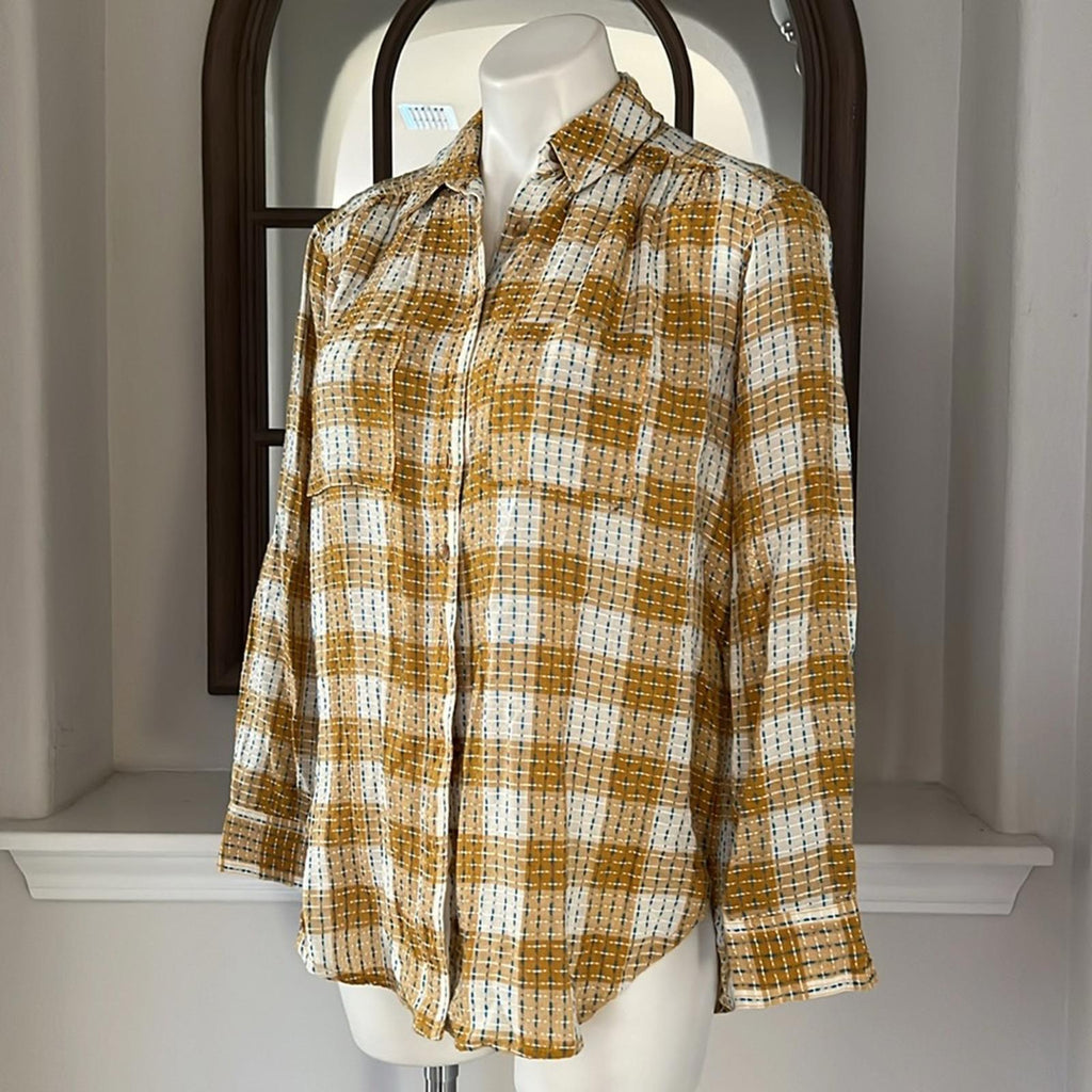 NEW Anthropologie’s Pilcro Yellow Motif Mustard Plaid Stitched Shirt Size XXS