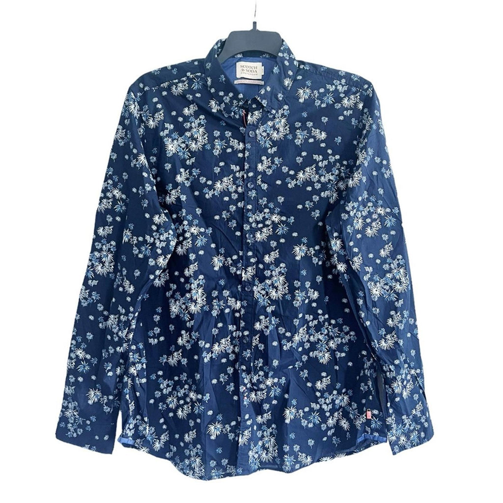 Scotch & Soda Slim Fit Poplin Fireworks Button Up Shirt Navy Size XL Retail $195