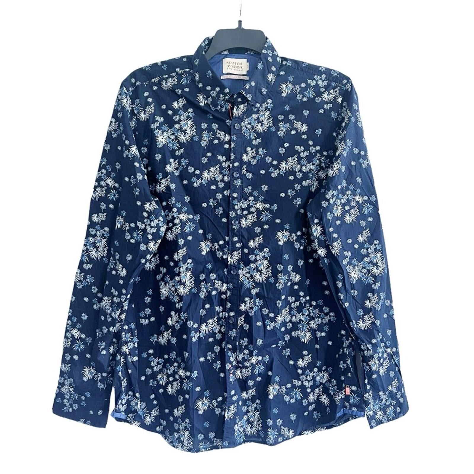 Scotch & Soda Slim Fit Poplin Fireworks Button Up Shirt Navy Size XL Retail $195