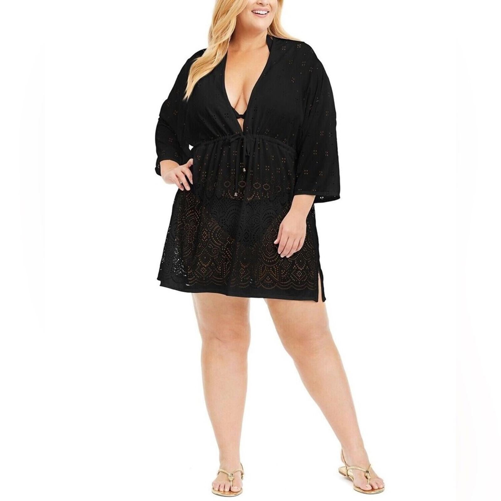 Dotti Solid Plunge Neck Swimsuit Cover-Up in Black, Plus Size 1X NEW w/Tag