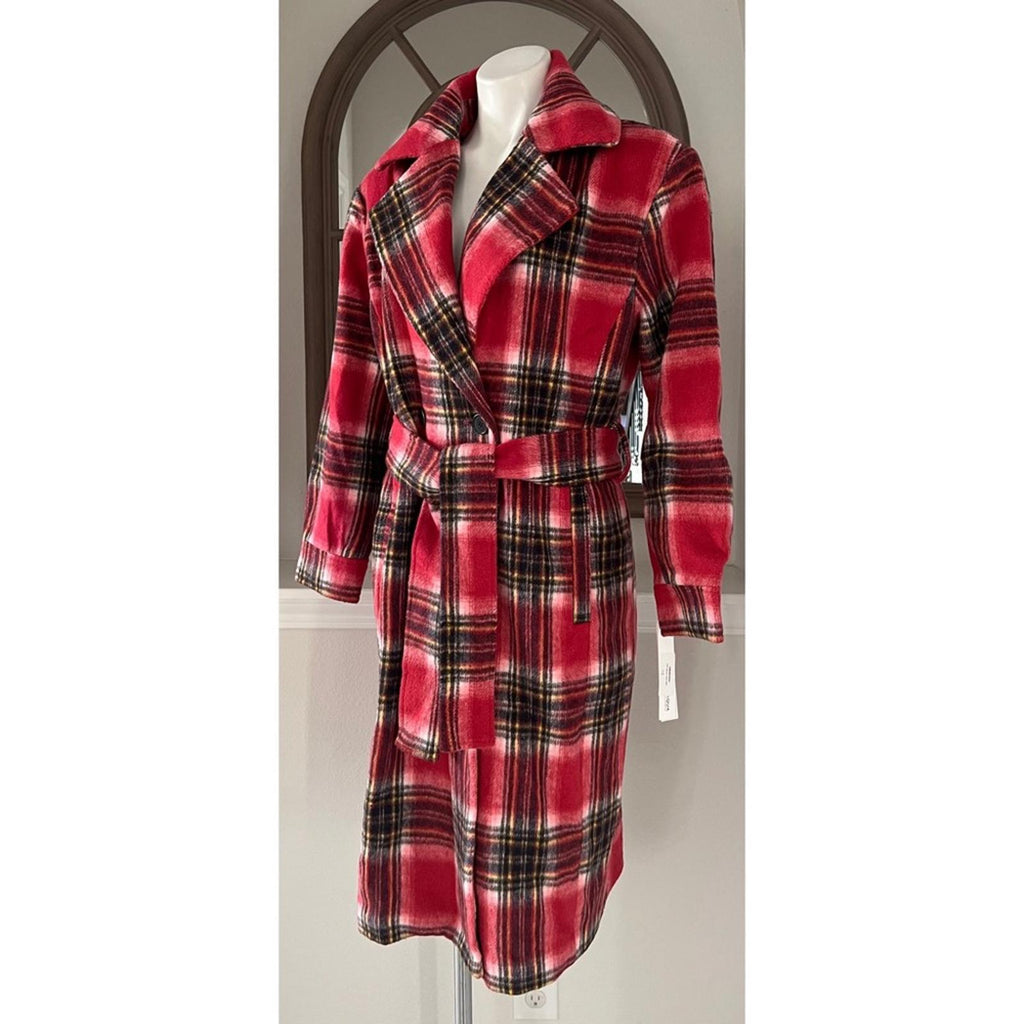 Bloomingdale’s Aqua Plaid Duster Trench Coat in Pink, Size M New w/Tag $178