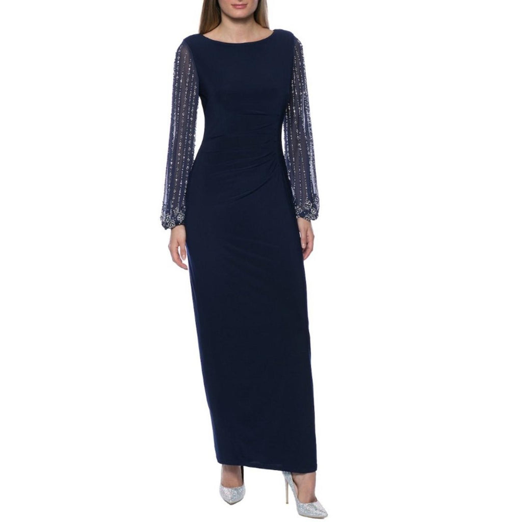 Marina Sheer Beaded Long Sleeve Maxi Dress in Navy, Size 16, New w/Tag