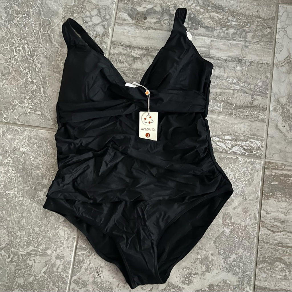 Artesands Hues Delacroix Cross Front One Piece Swimsuit, Black Size 16 New w/Tag