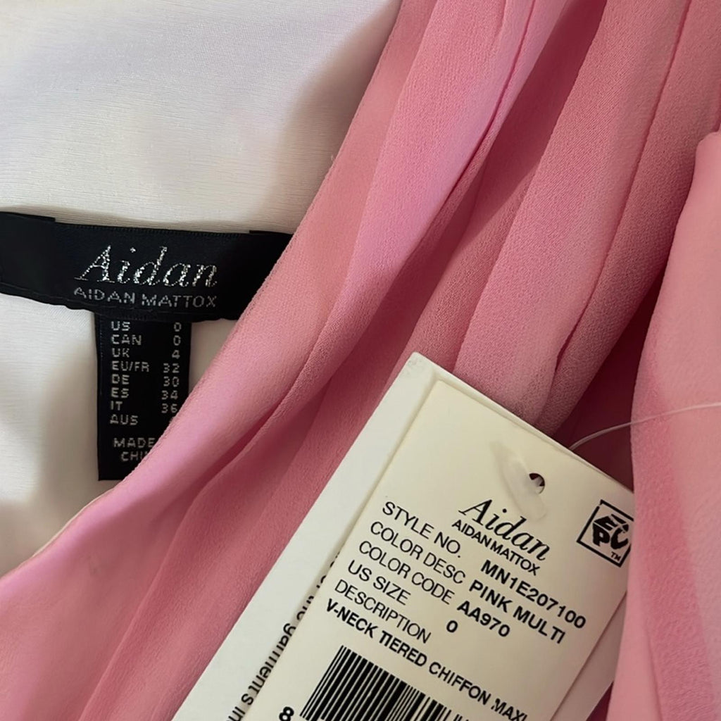 Aidan Mattox V-Neck Ciffon Color-Block Tiered Maxi Gown in Pink, Size 0 NWT $330