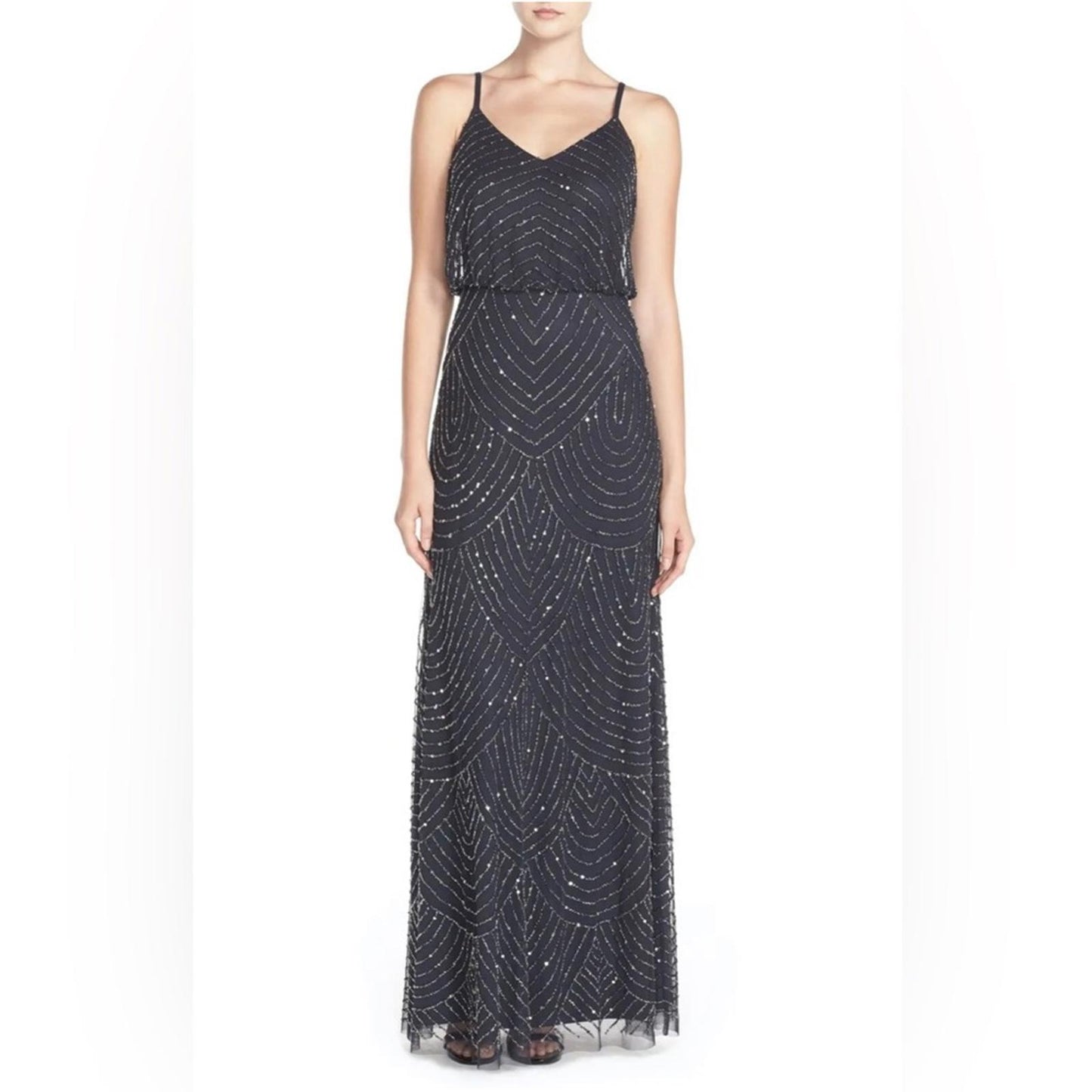 Adrianna Papell Art Deco Beaded Blouson Gown, Navy w/Silver Sequins Size 4