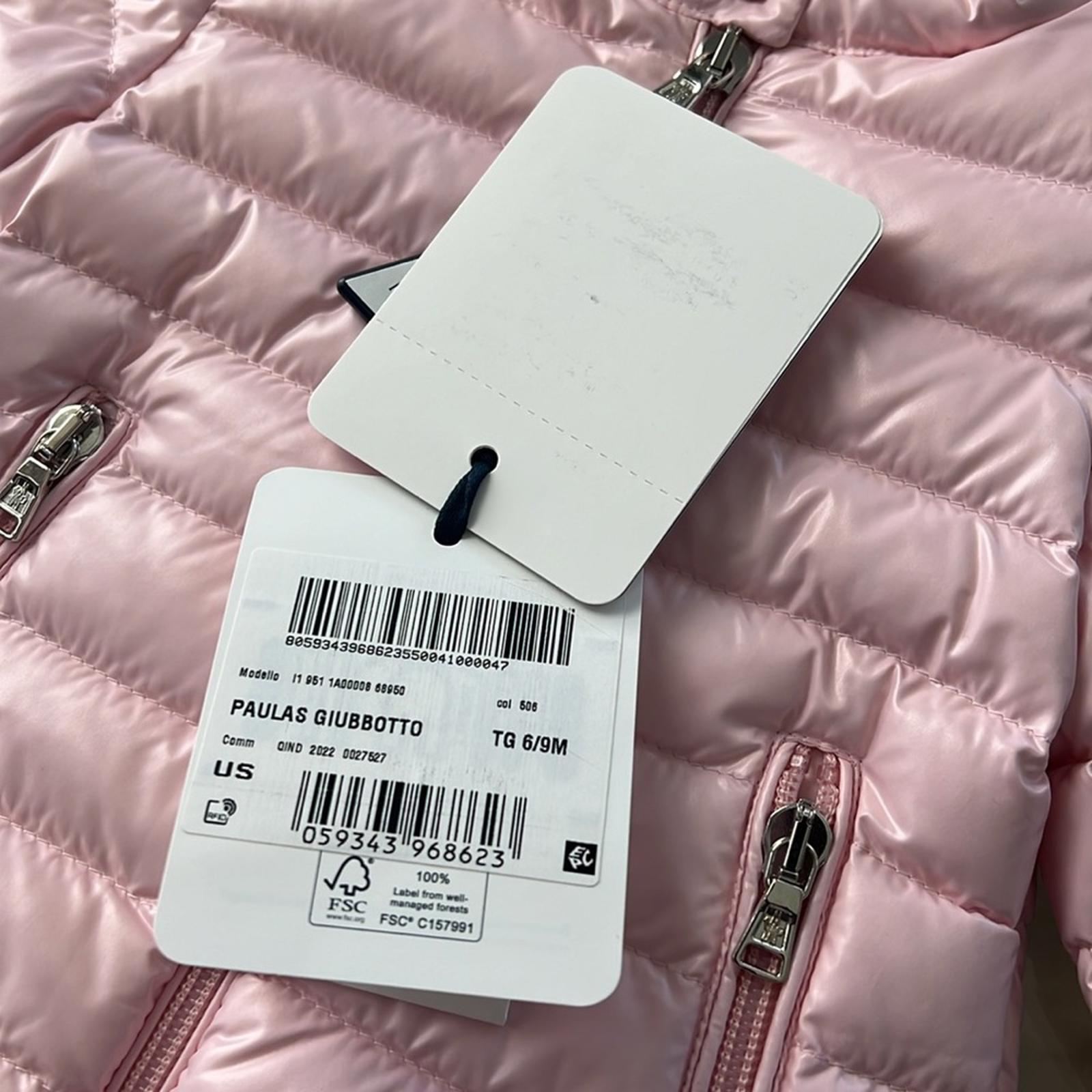 MONCLER Paulas Down Logo-Patch Sleeve Jacket, Pink Girl’s Size 6-9M New w/Tag