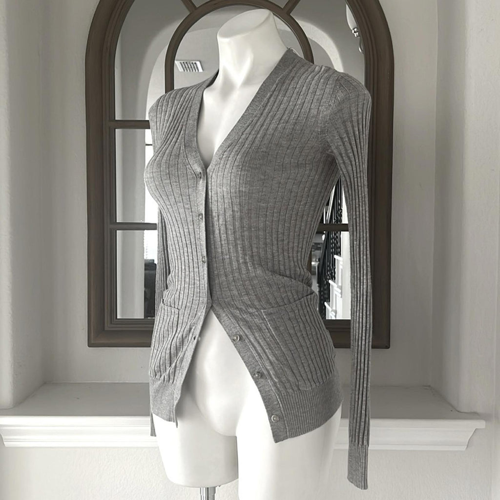 Vince Skinny Ribbed Cardigan in Steel, Size XS New w/Tag Retail $345