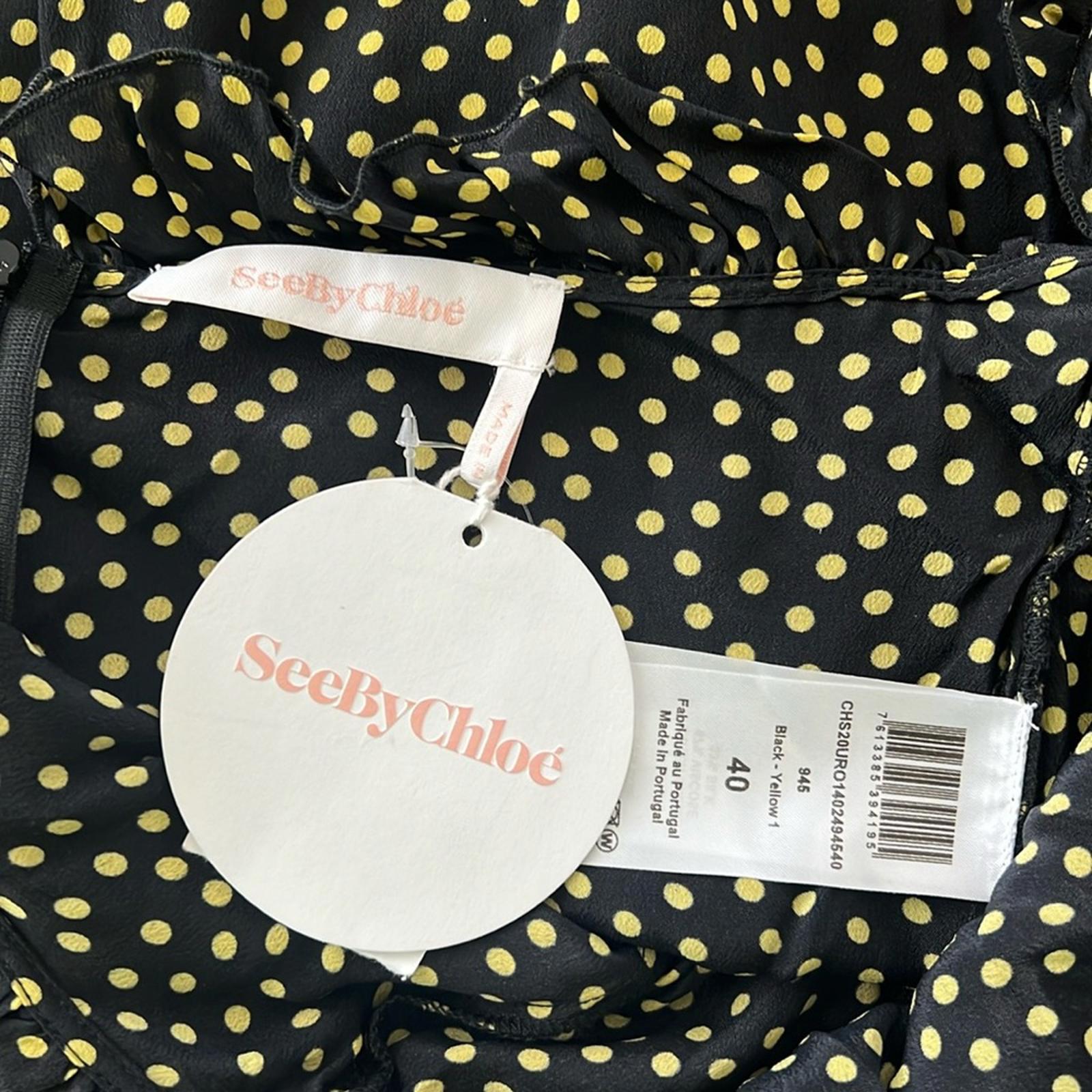 See by Chloé Dot-Print Halter Ruffle Dress, Black/Yellow Size FR40/M/8 New w/Tag