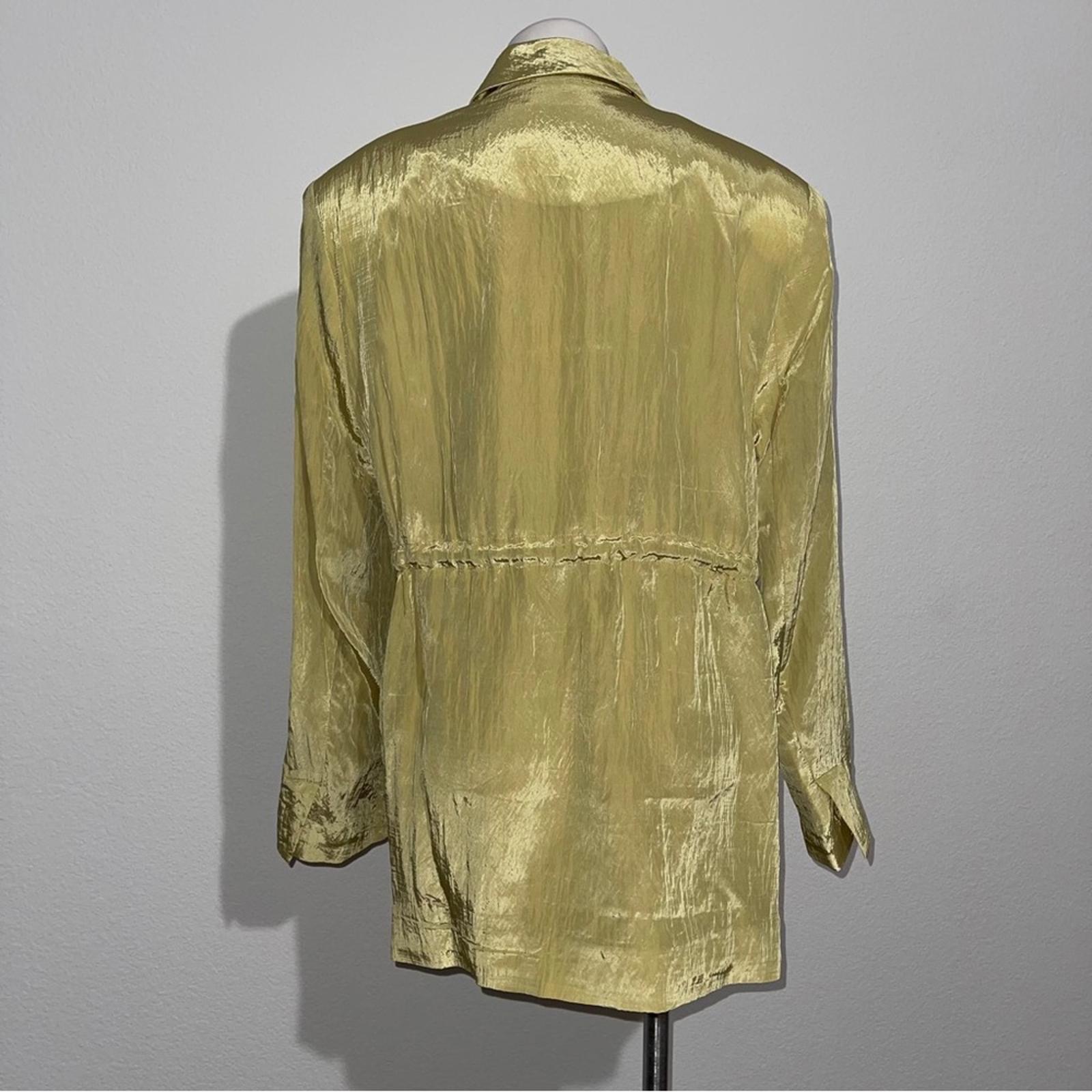 Ganni Bead-Embellished Crinkled Shell Shiny Blazer, Leek Green, Size 46 New wTag