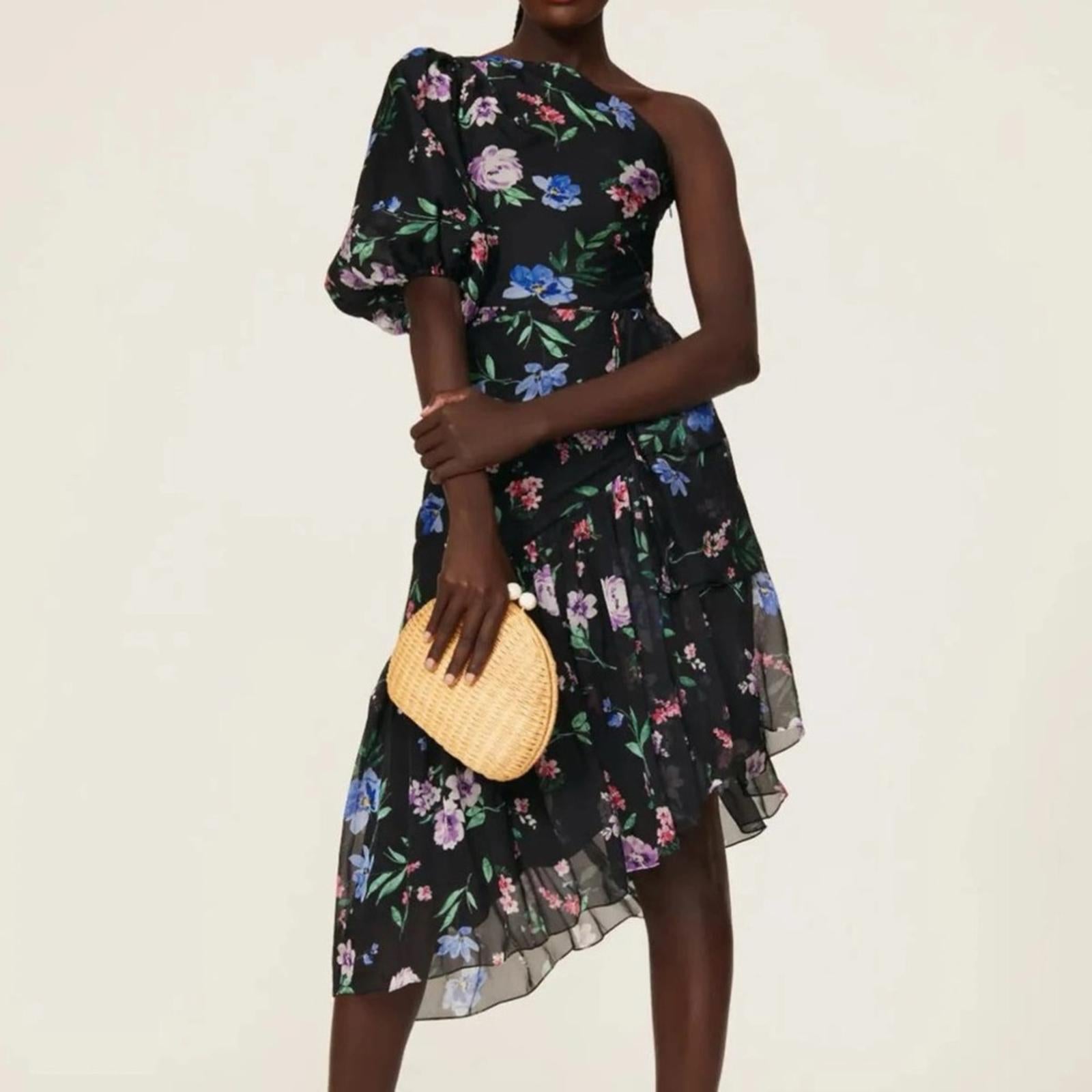 Shoshanna Midnight Gia One Shoulder Silk Floral Dress, Black Size 8 Retail $595