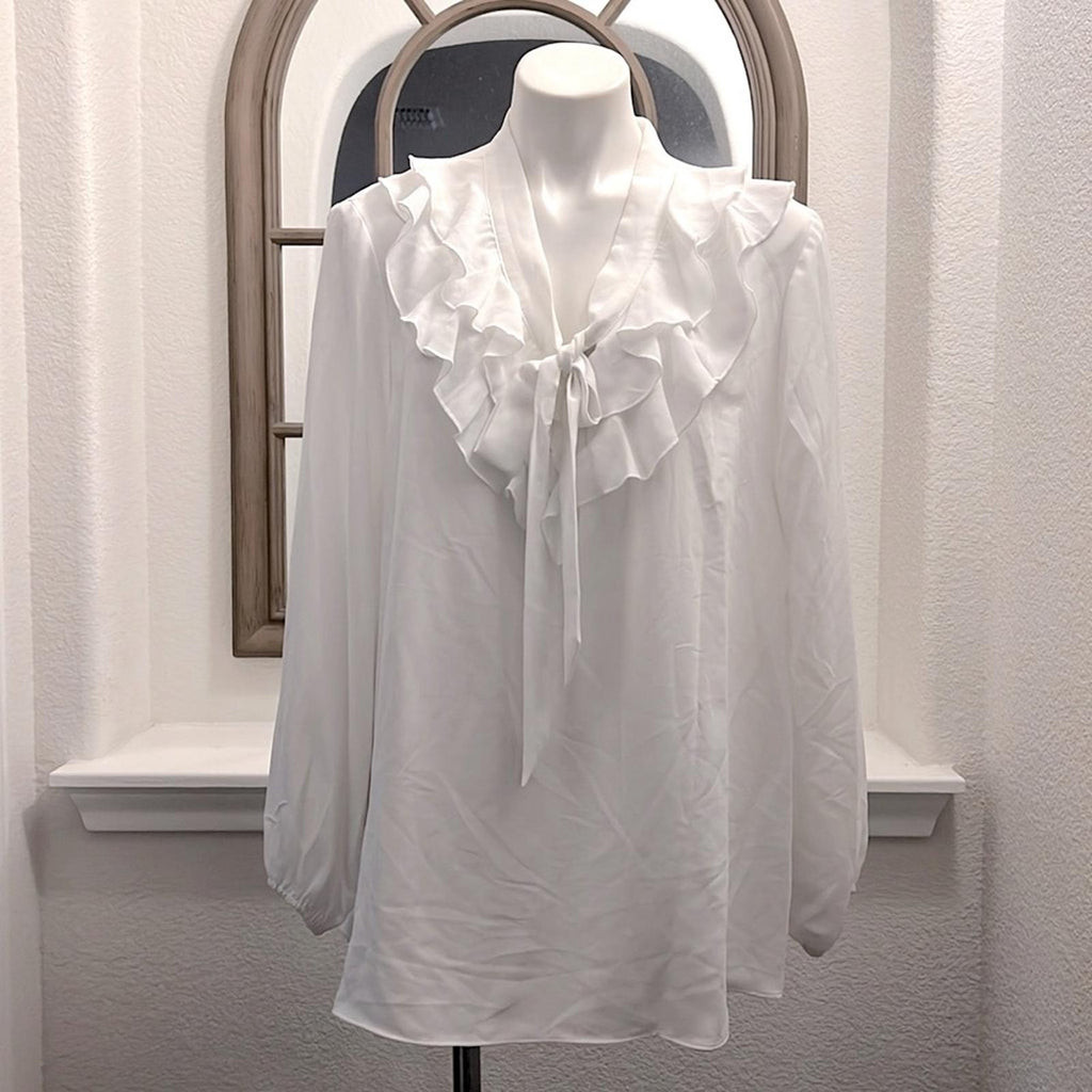 KASPER Ruffled Tie-Neck Blouse, Lily White, Plus Size 2X New w/Tag $89 SOLD OUT