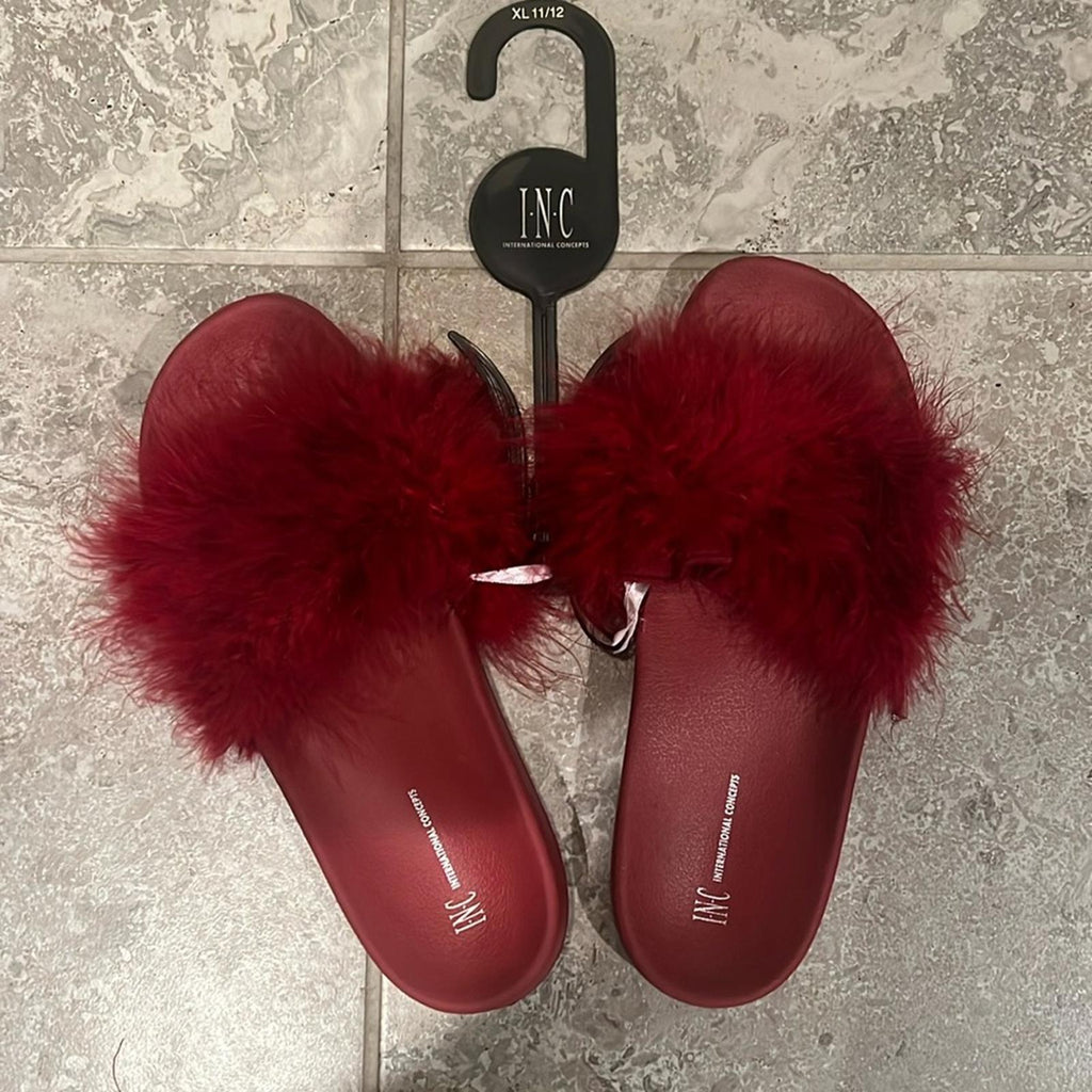 INC Faux-Marabou Slide Slippers in Red, Size XL 11/12 New w/Tag