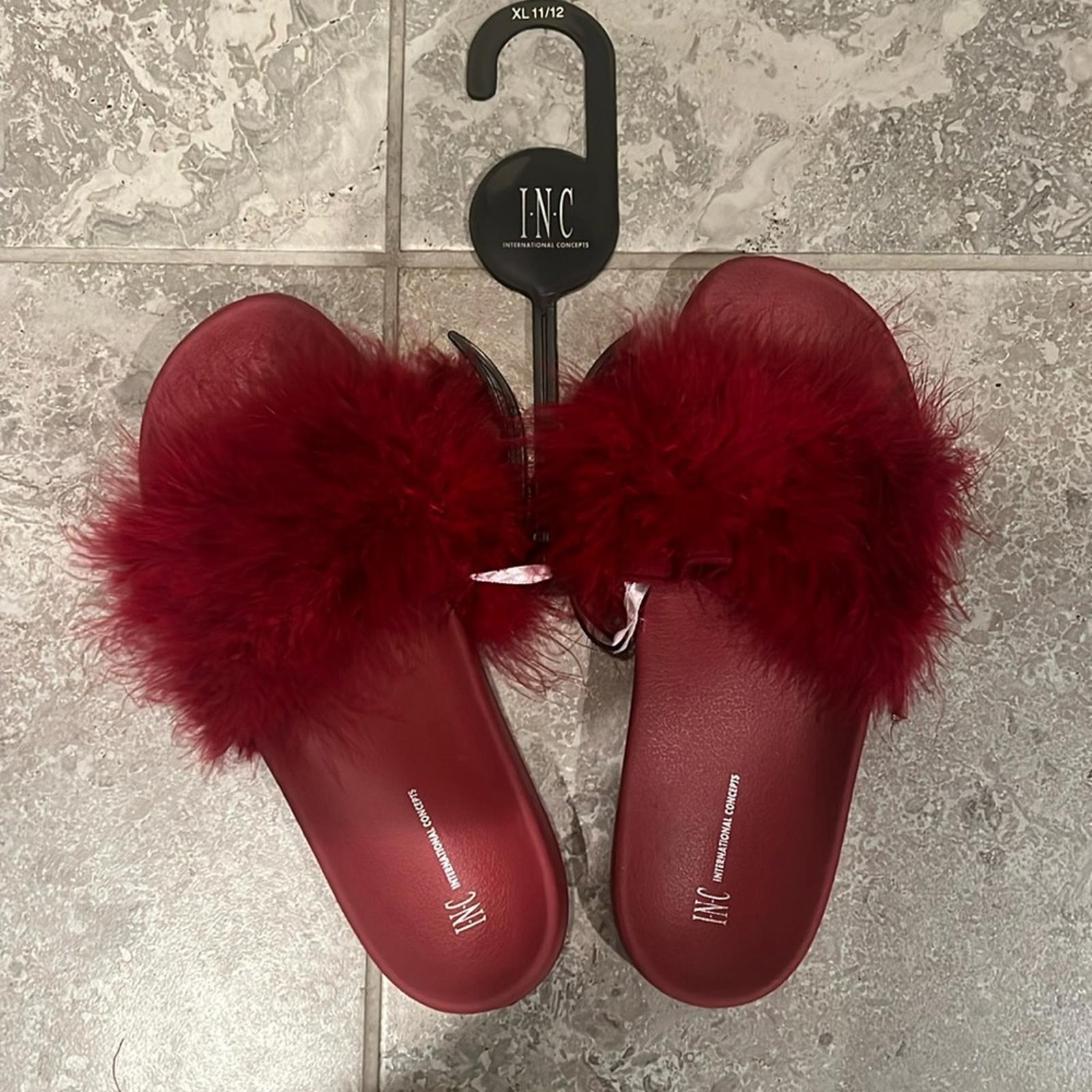 INC Faux-Marabou Slide Slippers in Red, Size XL 11/12 New w/Tag