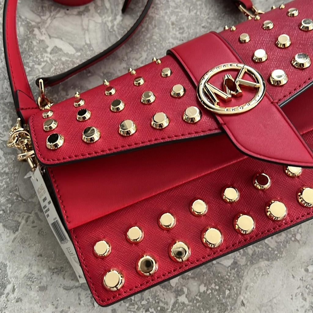 Michael Kors Studded Leather Convertible Shoulder Bag, Red NWT Retail $498