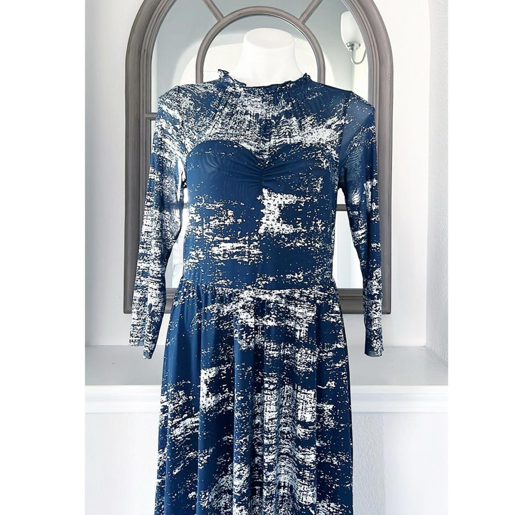 TED BAKER Iggiey Metallic Burnout Midi Dress, 3/4 Sleeves Navy Size 4 US 10 NWT