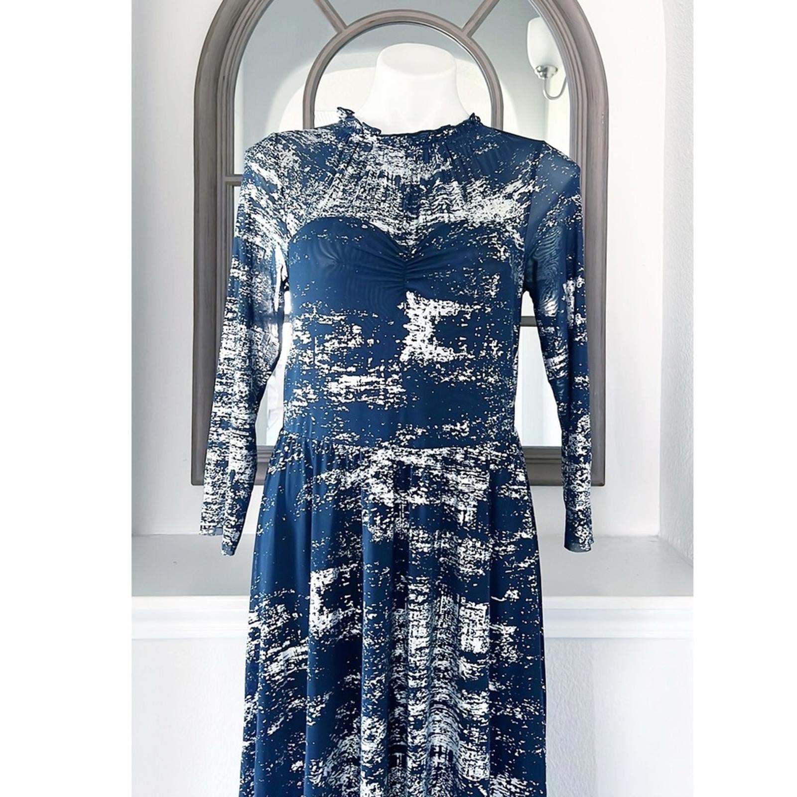 TED BAKER Iggiey Metallic Burnout Midi Dress, 3/4 Sleeves Navy Size 4 US 10 NWT