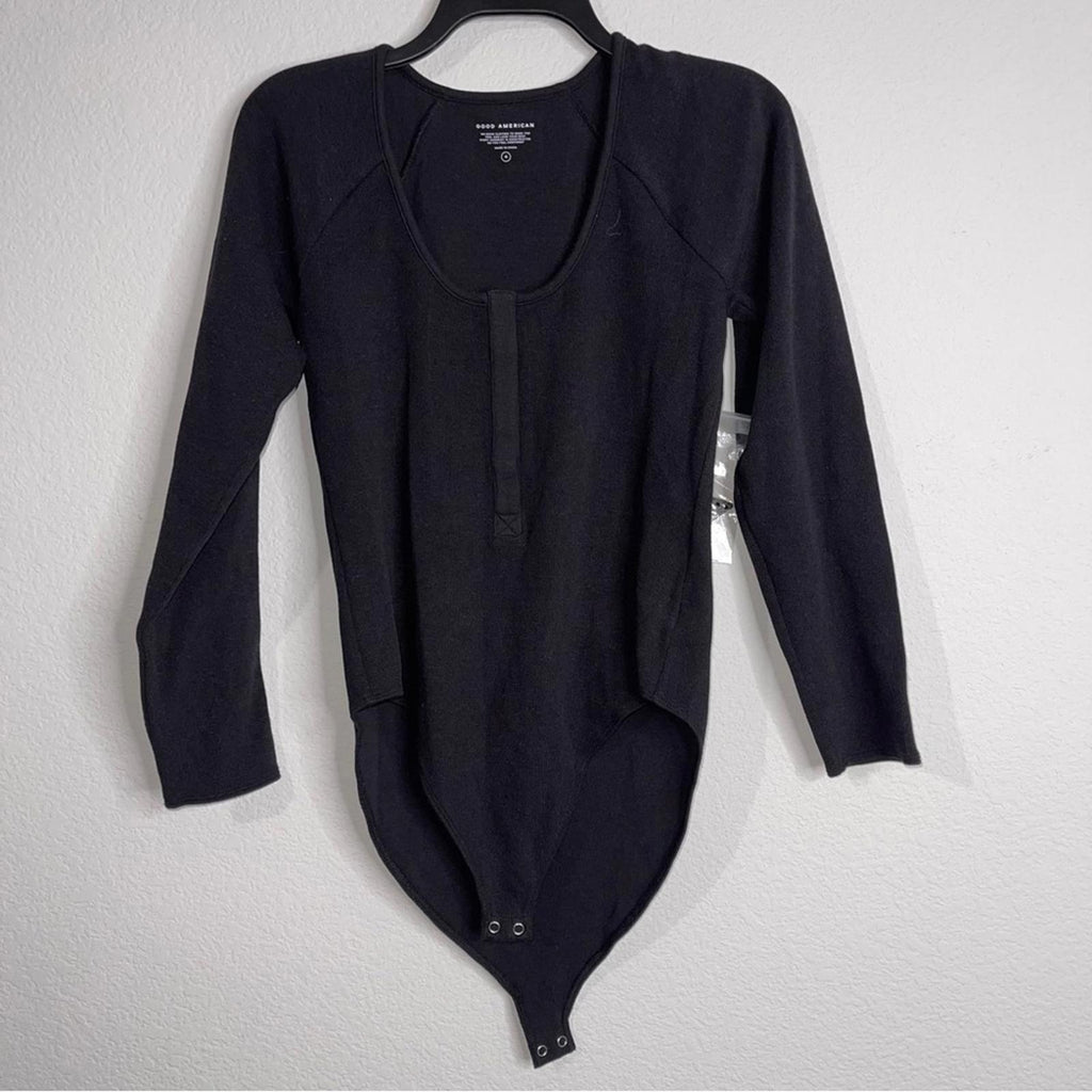 Good American Snap Front Bodysuit in Black, Long Sleeves Size 4/XL NEW w/Tag