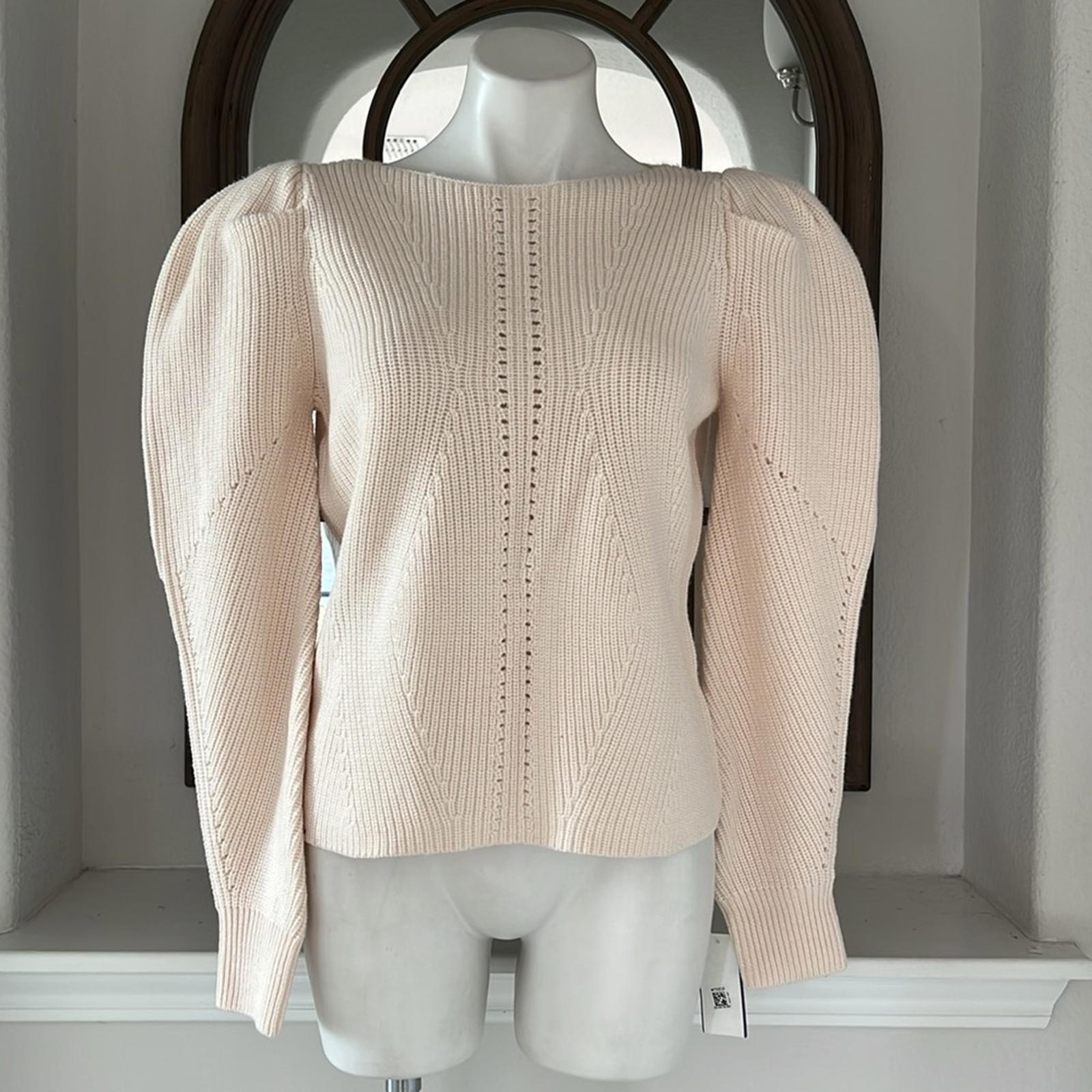 Trina Turk Dalhart Mixed-Stitch Puff-Shoulder Sweater in Ecru, Size L New w/Tag