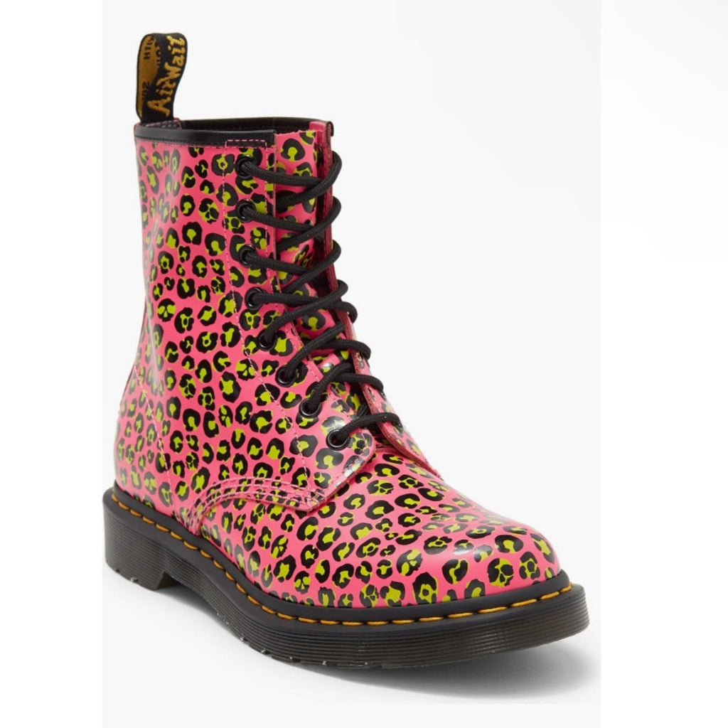 Dr Martens 1460 Leopard Smooth Leather Lace Up Boots, Pink Size 8 New w/o Box