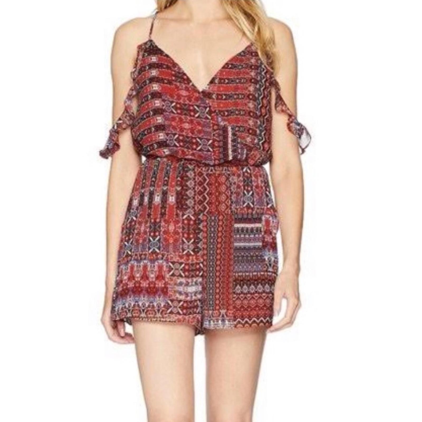 BCBG Conquistador Tapestry Print Crossover Romper w/Cold Shoulder, Size XS NWT