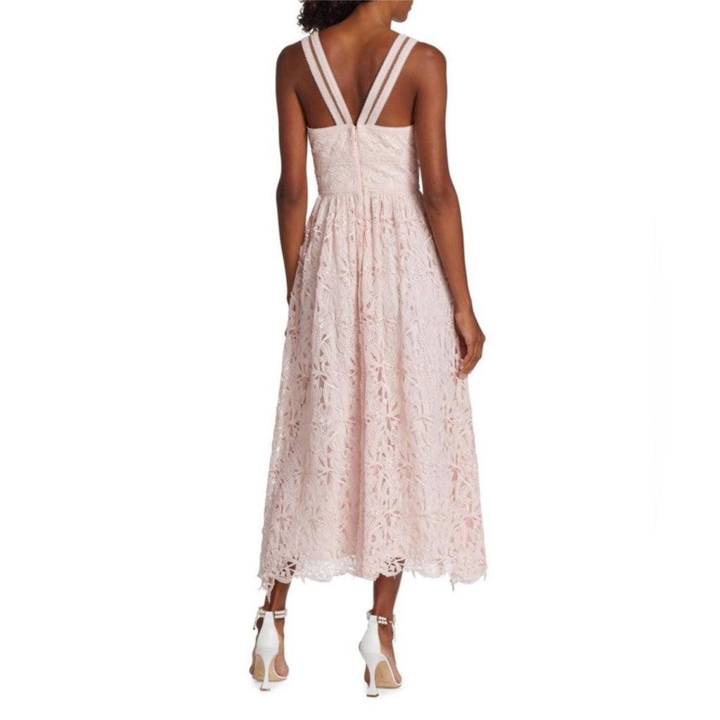 ML Monique Lhuillier Lace Halter Midi Dress in Rose Quartz NWT, Size 10