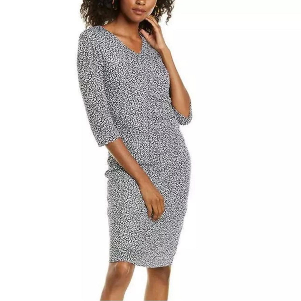 Hugo Boss Epona Midi Dress w/Ruched Left Waist Navy White EXCELLENT! Retail $398