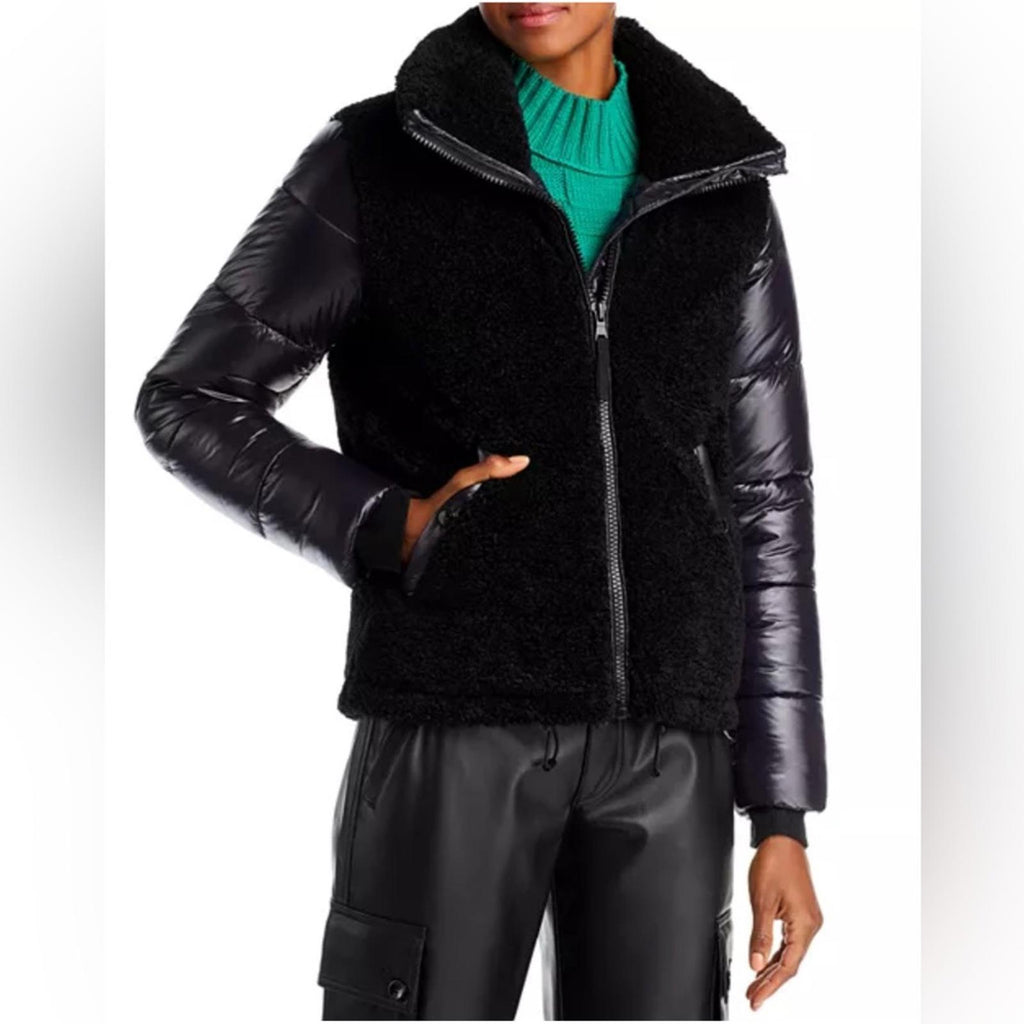Aqua Bloomingdale’s Mixed Media Puffer Coat Jacket in Black, Size XL NEW w/Tag