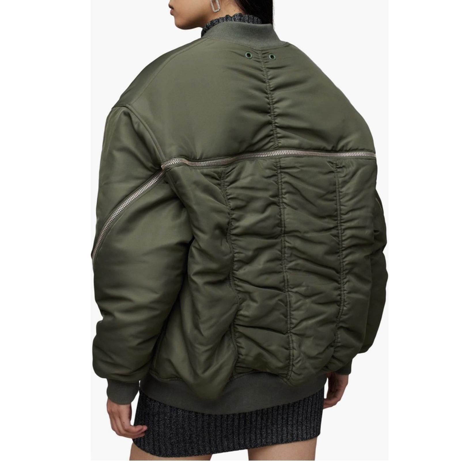 All Saints Scout Ruched Bomber Jacket in Khaki Green, Size L New w/Tag