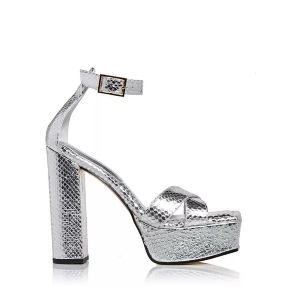 Good American Snake Embossed Platform High Heel Sandals in Silver, 6.5 NWT $185
