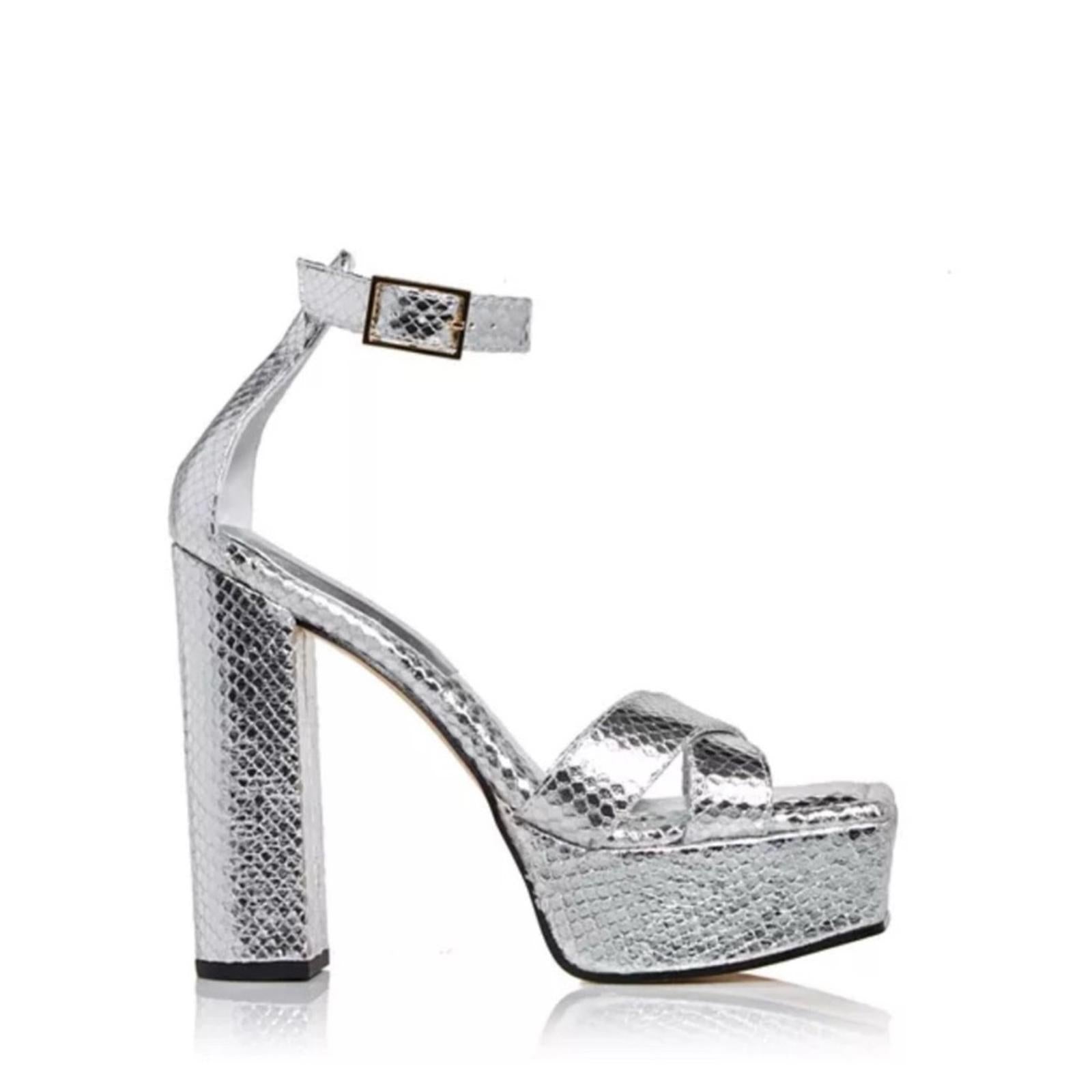 Good American Snake Embossed Platform High Heel Sandals in Silver, 6.5 NWT $185