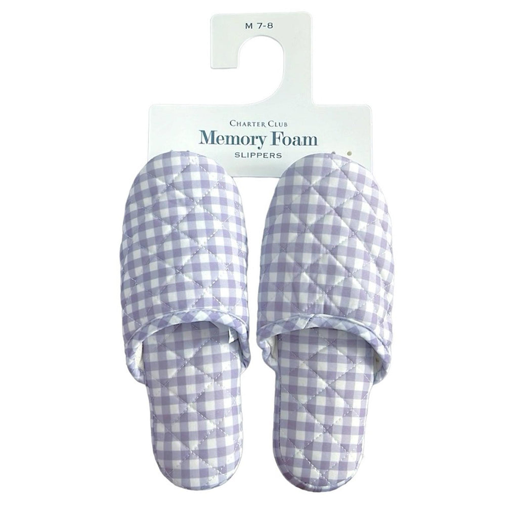 Charter Club Quilted Gingham Clog Slippers in Purple/White Size Medium (US 7-8)