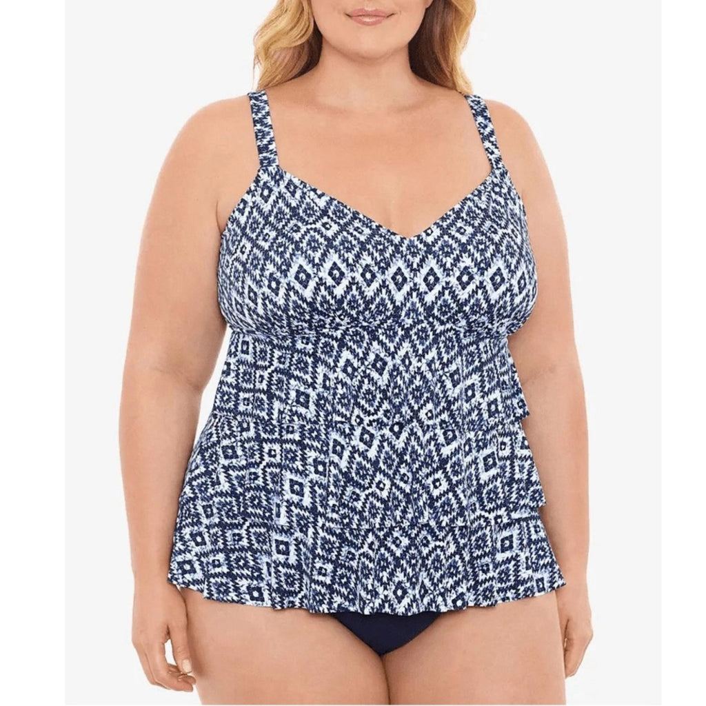 Swim Solutions Tile Island Navy Triple-Tier Fauxkini One-Piece Swimsuit, 22W NWT