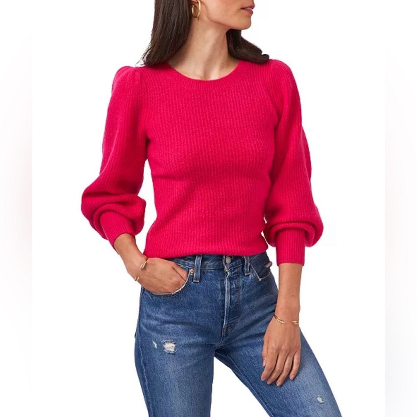 1.STATE Balloon Sleeve Crewneck Rib Sweater in Red, New, Size M