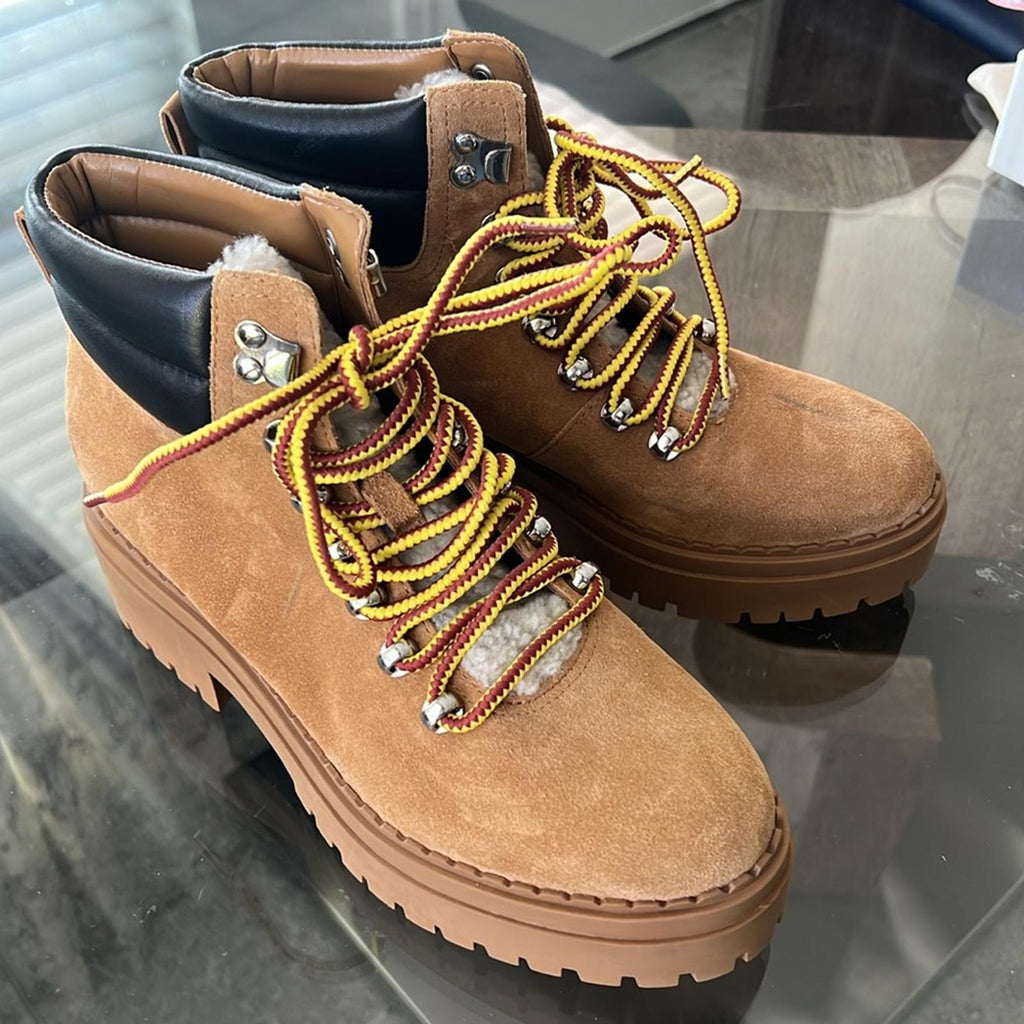 Marc Fisher LTD Nairy Lace-Up Genuine Shearling Lug Sole Bootie Tan, Size 7 NEW