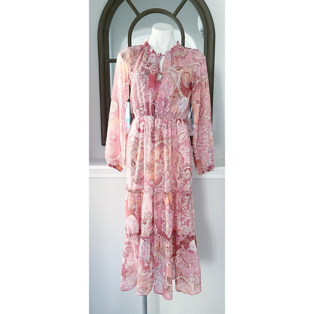Aqua Chiffon Printed Tiered Maxi Dress, Pink Multi Size S New w/Tag Retail $118